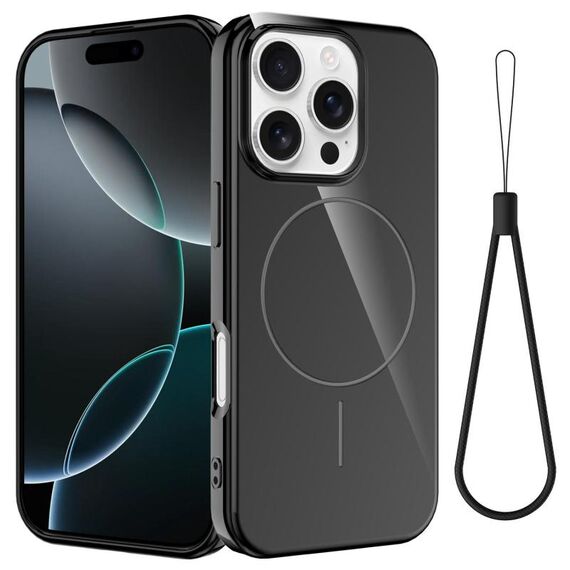 Per iPhone 16 Pro Max Custodia per telefono antiurto in TPU lucido MagSafe con cordino (nero)