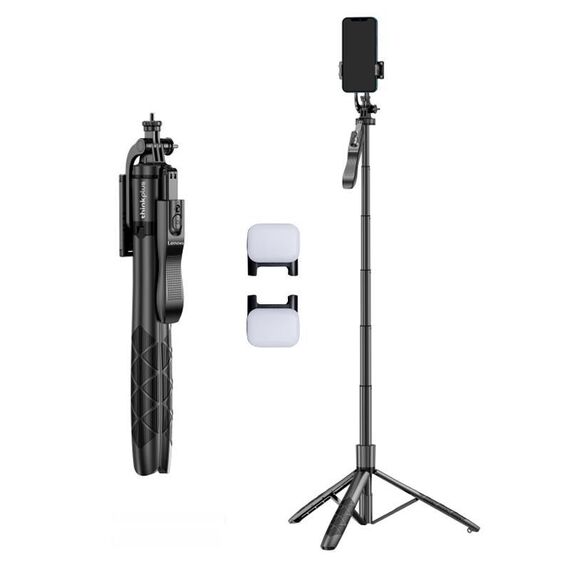 Lenovo Thinkplus H18L Premium Edition Bastone per selfie Bluetooth in lega di alluminio con doppia luce di riempimento, 1,8 m (nero)