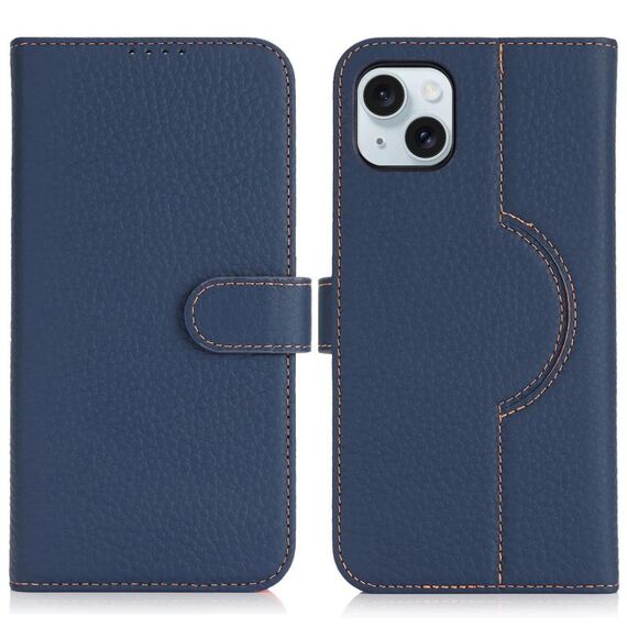 Per iPhone 15 Custodia per telefono MagSafe in vera pelle con portafoglio per carte (Litchi blu scuro)