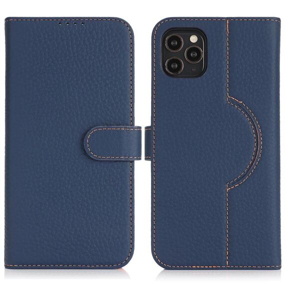 Per iPhone 15 Pro Custodia per telefono MagSafe in vera pelle con portafoglio per carte (Litchi blu scuro)