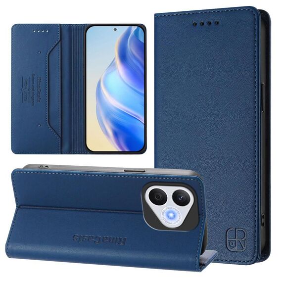 Per Honor 400 Lite RC01 Custodia per telefono in pelle RFID con ventosa magnetica a doppia piega (blu scuro)