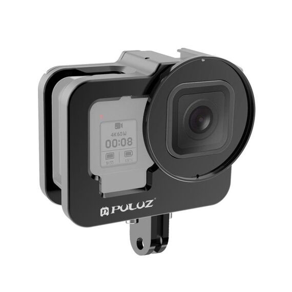 PULUZ per GoPro HERO12 Nero /11 Nero /10 Nero /9 Nero Guscio dell'alloggiamento addensato Gabbia protettiva in lega di alluminio CNC con telaio assicurativo e lente UV da 52 mm (Nero)
