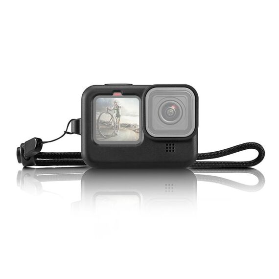 PULUZ per GoPro HERO12 Nero/11 Nero/10 Nero/9 Nero Custodia protettiva in silicone con cinturino da polso e copriobiettivo (Nero)
