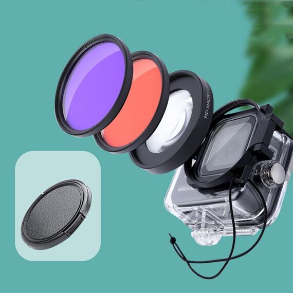 RUIGPRO per GoPro HERO8 58mm 16X Macro Lens + Red / Purple Diving Lens Filter + Dive Housing Kit custodia impermeabile con anello adattatore filtro e copriobiettivo