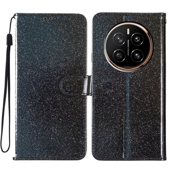Custodia per telefono in pelle flip glitterata For Honor Magic7 (nera)