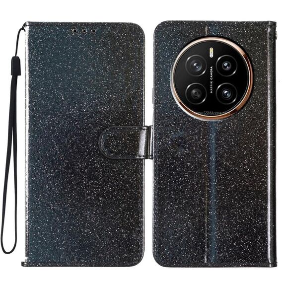 Custodia per telefono in pelle flip glitterata For Honor Magic7 Pro (nera)