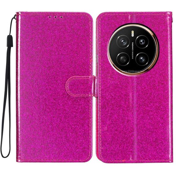 Custodia in pelle flip glitterata per Honor Magic7 Pro (rosso rosa)