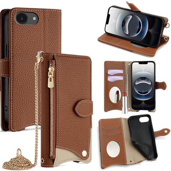 Per iPhone 16e Crossbody Chain Fishtail Litchi Custodia in pelle per telefono (marrone)