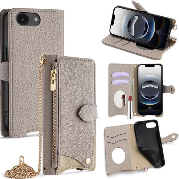 Per iPhone 16e Crossbody Chain Fishtail Litchi Custodia per telefono in pelle (grigio)