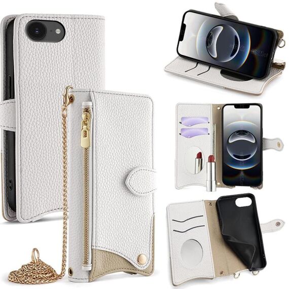 Per iPhone 16e Custodia per telefono in pelle Litchi a coda di pesce con catena a tracolla (bianca)