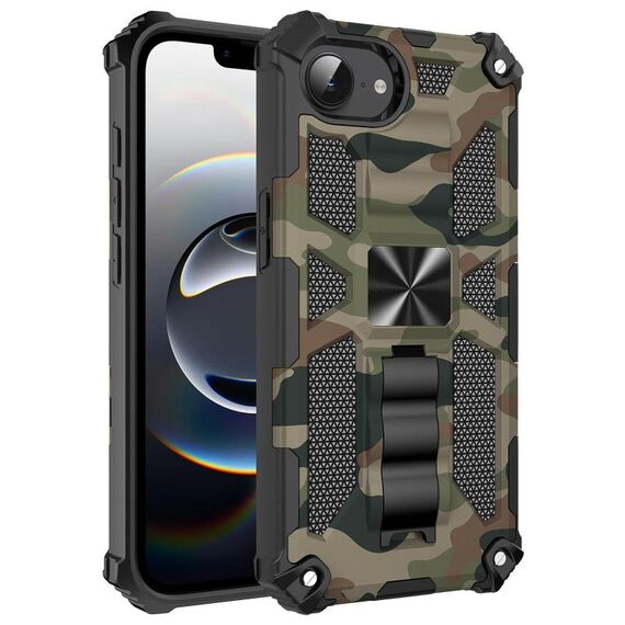 Per iPhone 16e Camouflage Armor Kickstand TPU Hybrid PC Custodia magnetica per telefono (verde militare)