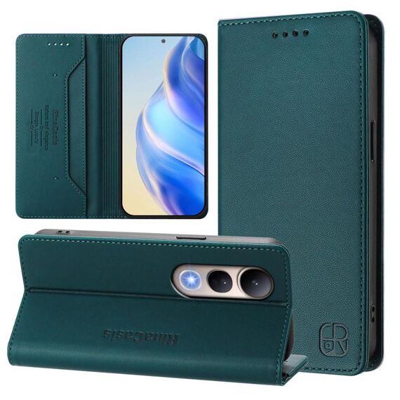 Per vivo V50 Lite 5G RC01 Custodia per telefono in pelle RFID con ventosa magnetica a doppia piega (verde scuro)
