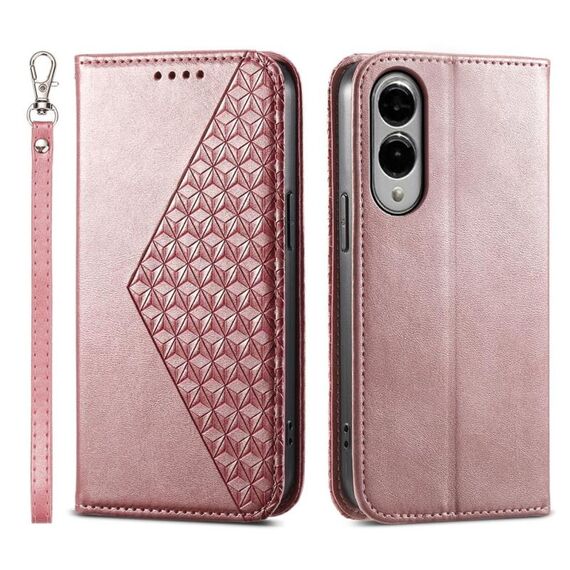Per Samsung Galaxy S25 Edge 5G Custodia per telefono magnetica in pelle di vitello con griglia cubica (oro rosa)