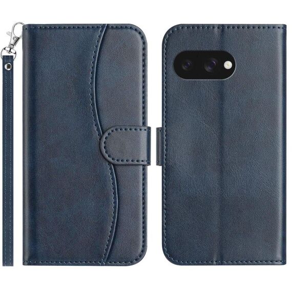 Per Google Pixel 9a Custodia in pelle a forma di S con doppia piegatura (blu navy)