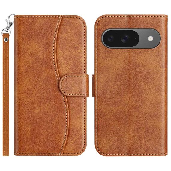 Per Google Pixel 9 / 9 Pro Custodia per telefono in pelle a forma di S a doppia piega (marrone)