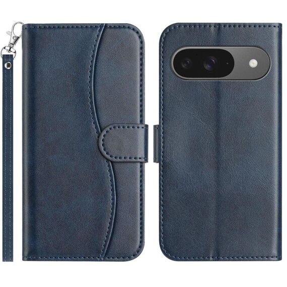 Per Google Pixel 9 / 9 Pro Custodia in pelle a forma di S a doppia piega (blu navy)