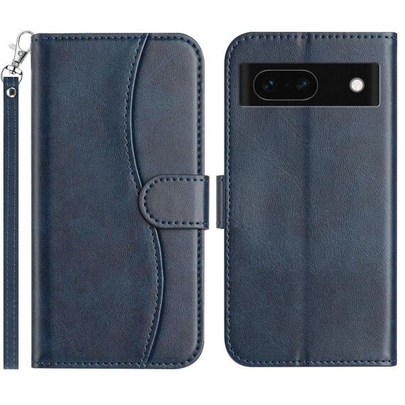 Per Google Pixel 8a Custodia in pelle a forma di S con doppia piegatura (blu navy)