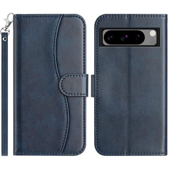 Per Google Pixel 8 Pro Custodia per telefono in pelle a forma di S a doppia piega (blu navy)
