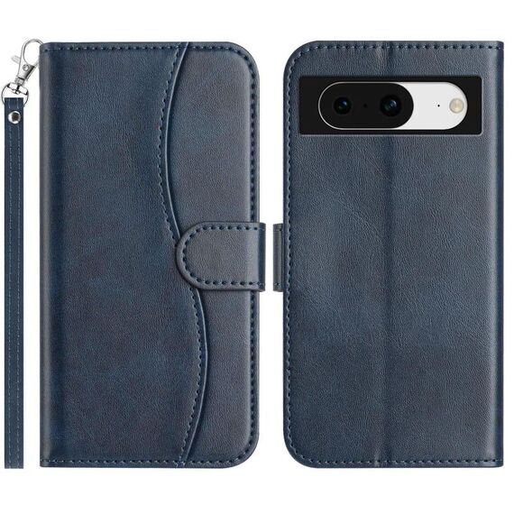 Per Google Pixel 8 Custodia in pelle a forma di S con doppia piegatura (blu navy)