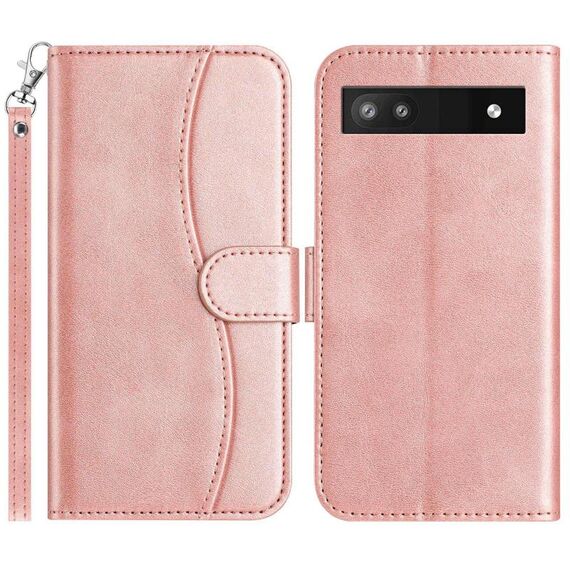Per Google Pixel 6a Custodia in pelle a forma di S con doppia piegatura (oro rosa)