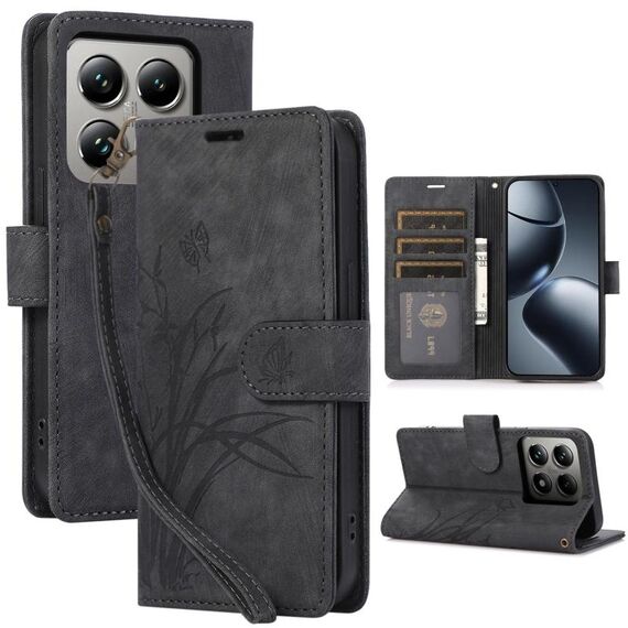 Per Xiaomi 14T Pro Custodia in pelle goffrata con motivo a farfalla Orchid (nero)