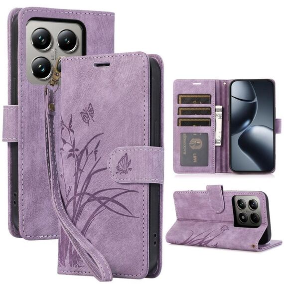 Per Xiaomi 14T Pro Custodia per telefono in pelle goffrata con motivo a farfalla orchidea (viola)