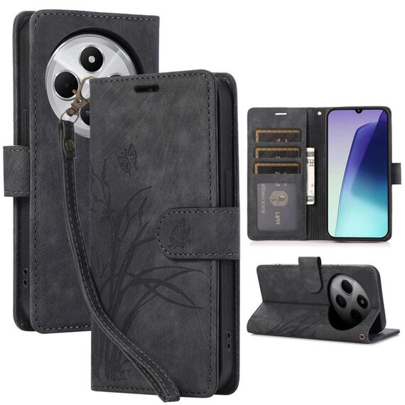 Per Redmi 14C 4G / Poco C75 Custodia in pelle goffrata con motivo a farfalla orchidea (nero)
