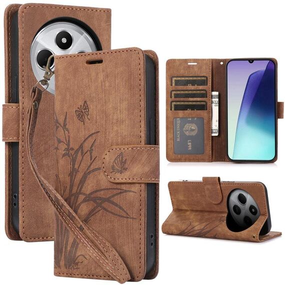 Per Redmi 14C 4G / Poco C75 Custodia per telefono in pelle goffrata con farfalla orchidea (marrone)