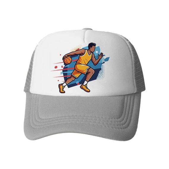 Cappello con visiera in spugna con stampa a forma di giocatore di basket, stampa su richiesta (grigio)