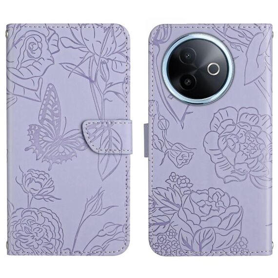 Per vivo Y39 5G Global HT03 Custodia in pelle con motivo a farfalla in rilievo (viola)