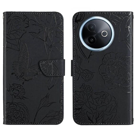 Per vivo Y39 5G Global HT03 Custodia in pelle con motivo a farfalla in rilievo (nero)