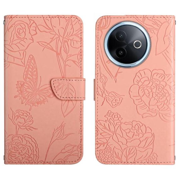 Per vivo Y39 5G Global HT03 Custodia in pelle con motivo a farfalla in rilievo (rosa)