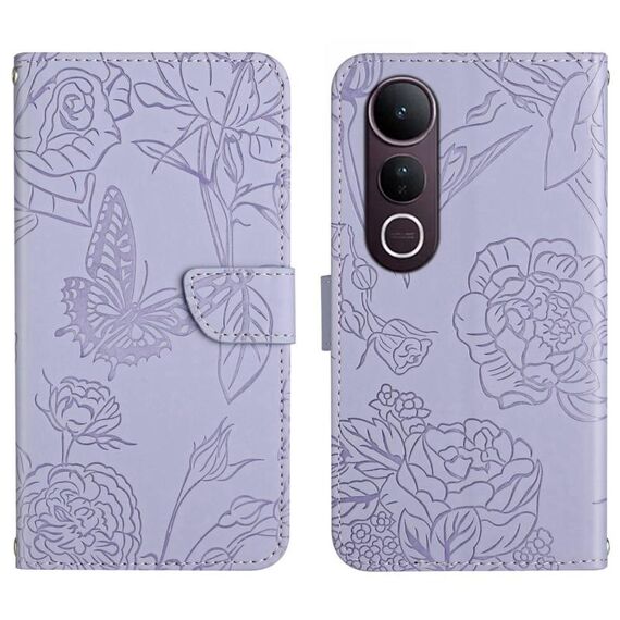 Per vivo V50 Lite 5G HT03 Custodia in pelle con motivo a farfalla in rilievo (viola)