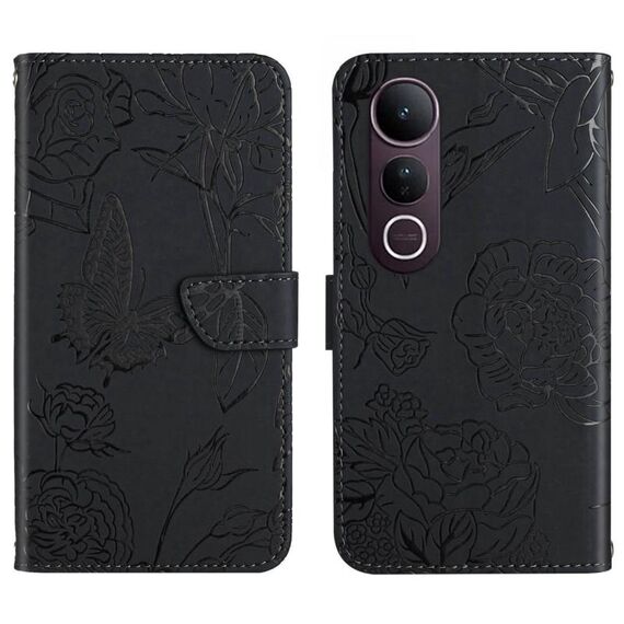 Per vivo V50 Lite 5G HT03 Custodia in pelle con motivo a farfalla in rilievo (nero)