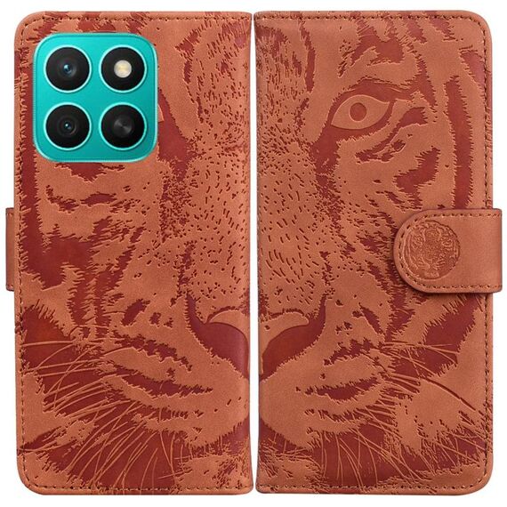 Per Honor X8c 4G Custodia in pelle con motivo a rilievo di tigre (marrone)