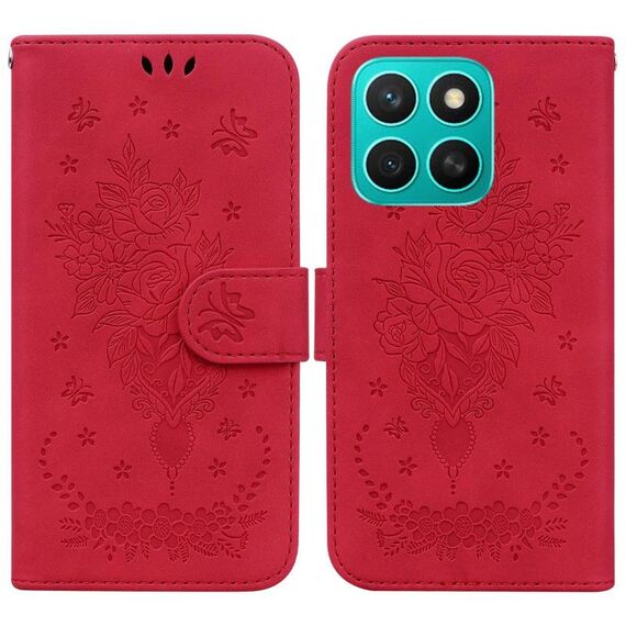 Per Honor X8c 4G Custodia per telefono in pelle goffrata con motivo a farfalla rosa (rosso)