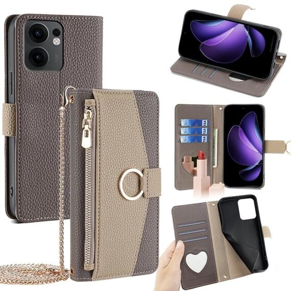 Per OPPO Reno13 F 5G / 4G Custodia a tracolla in pelle con texture Litchi (grigio)
