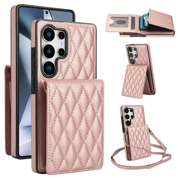 Per Samsung Galaxy S25 Ultra 5G YM015 Crossbody Rhombic Card Bag RFID Custodia per telefono (oro rosa)