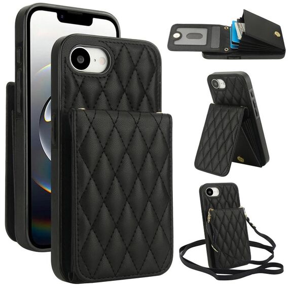 Per iPhone 16e YM015 Borsa a tracolla con rombi e porta carte RFID Custodia per telefono (nero)