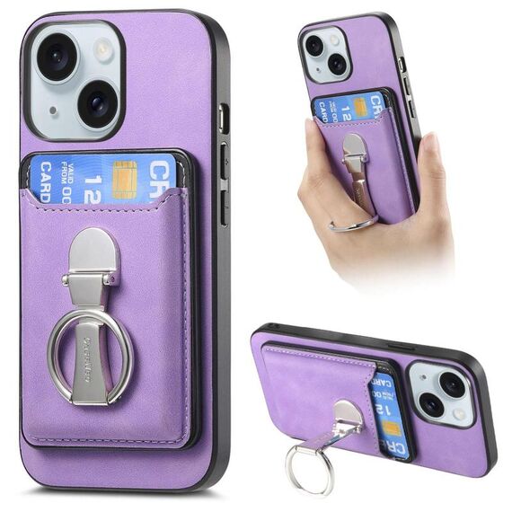 Per iPhone 15 Plus Retro Folding Ring Holder Card Bag MagSafe Custodia per telefono (viola)