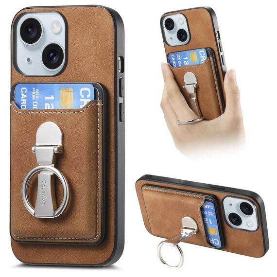 Per iPhone 15 Plus Retro Folding Ring Holder Card Bag MagSafe Custodia per telefono (marrone)