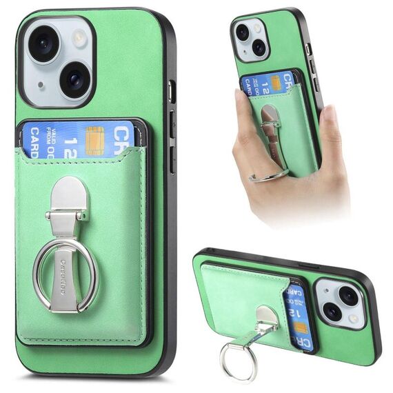 Per iPhone 15 Plus Retro Folding Ring Holder Card Bag MagSafe Custodia per telefono (verde)