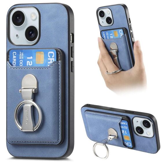Per iPhone 15 Plus Retro Folding Ring Holder Card Bag MagSafe Custodia per telefono (blu)