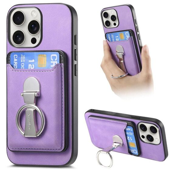 Per iPhone 15 Pro Retro Folding Ring Holder Card Bag MagSafe Custodia per telefono (viola)