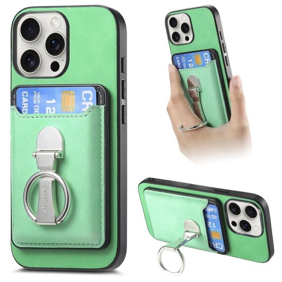 Per iPhone 15 Pro Retro Folding Ring Holder Card Bag MagSafe Custodia per telefono (verde)