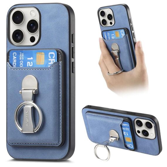 Per iPhone 15 Pro Retro Folding Ring Holder Card Bag MagSafe Custodia per telefono (blu)