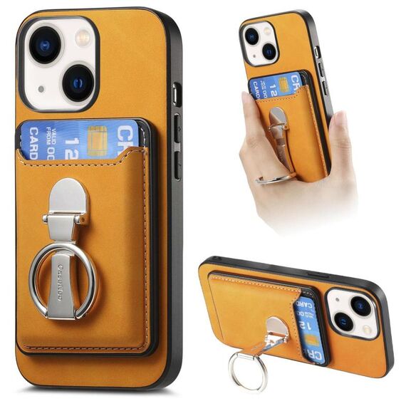 Per iPhone 14 Plus Retro Folding Ring Holder Card Bag MagSafe Custodia per telefono (giallo)