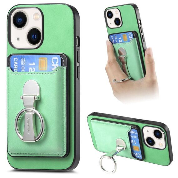 Per iPhone 14 Plus Retro Folding Ring Holder Card Bag MagSafe Custodia per telefono (verde)