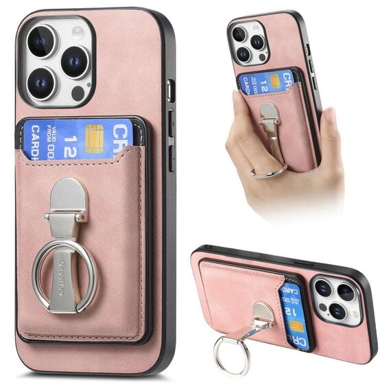 Per iPhone 13 Pro Retro Folding Ring Holder Card Bag MagSafe Custodia per telefono (rosa)