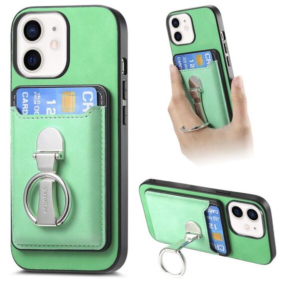 Per iPhone 12 Retro Folding Ring Holder Card Bag MagSafe Custodia per telefono (verde)